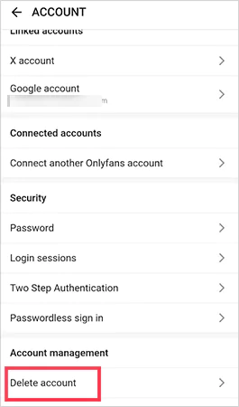 Navigate and tap on the Delete Account option