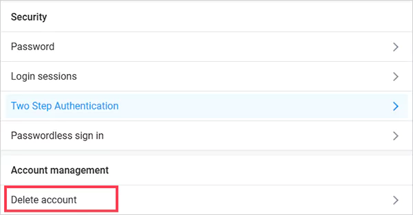 Scroll down and locate the Delete Account option