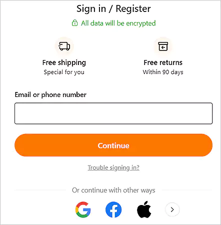 Sign in or register page