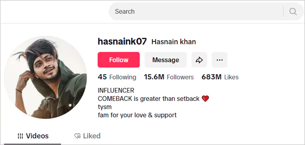 Hasnain Khan TikTok account