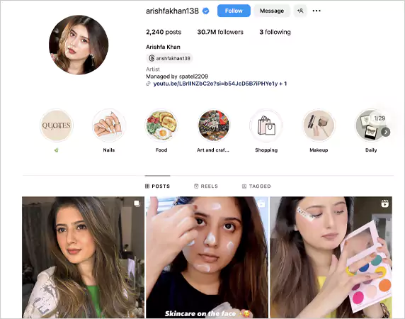 Instagram profile of Arishfa Khan