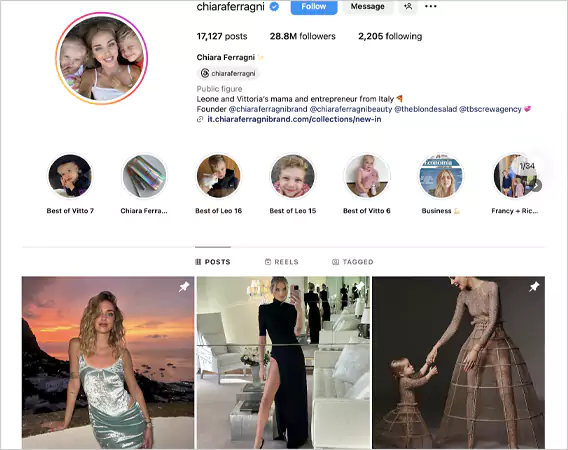 Instagram profile of Chiara Ferragni