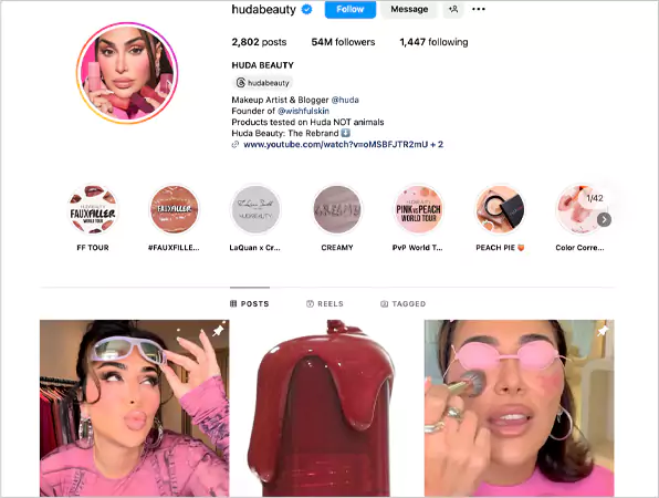 Instagram profile of Huda Kattan