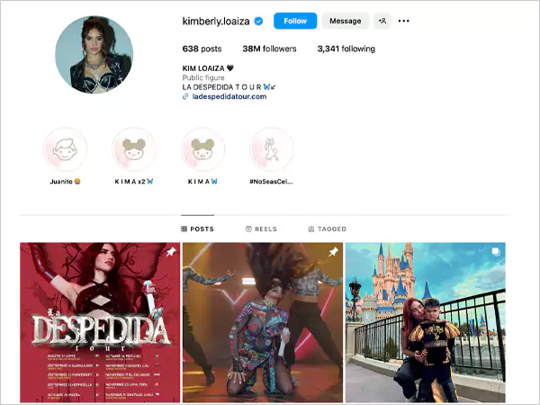 Instagram profile of Kim Loaiza