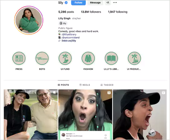 Instagram profile of Lilly Singh