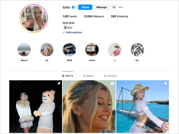 Instagram profile of Loren Gray