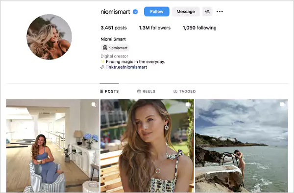 Instagram profile of Niomi Smart