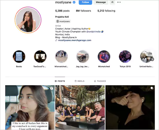 Instagram profile of Prajakta Koli