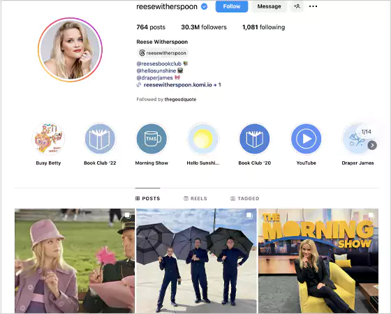 Instagram profile of Reese Witherspoon