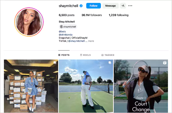 Instagram profile of Shay Mitchell