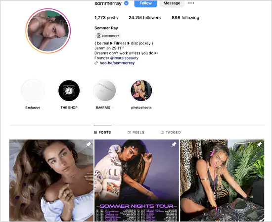 Instagram profile of Sommer Ray