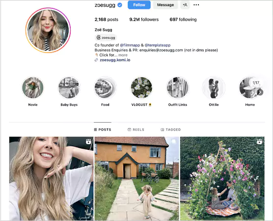 Instagram profile of Zoe Sugg