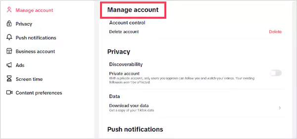 Manage account section